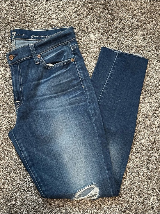 7 For All Mankind Denim - 7 For All Mankind Women’s Dark Blue Skinny Jeans with Knee Distress